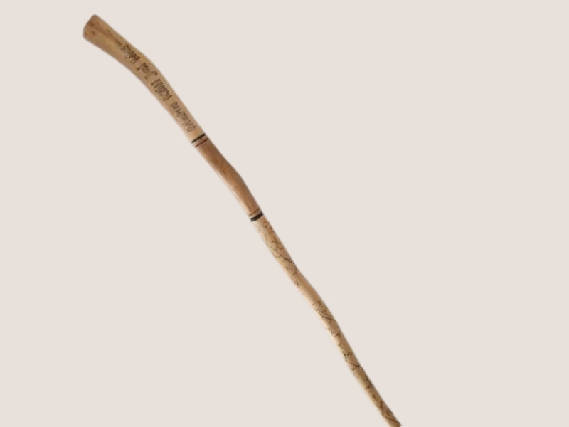 Bâton de marche artisanal entièrement façonné à la main en bois d'érable, orné de gravures des chakras et de runes celtiques.